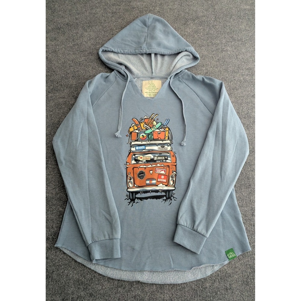 Wild Tribute Van Life Raw Hem V Neck Hoodie Women's Size Small Misty Blue